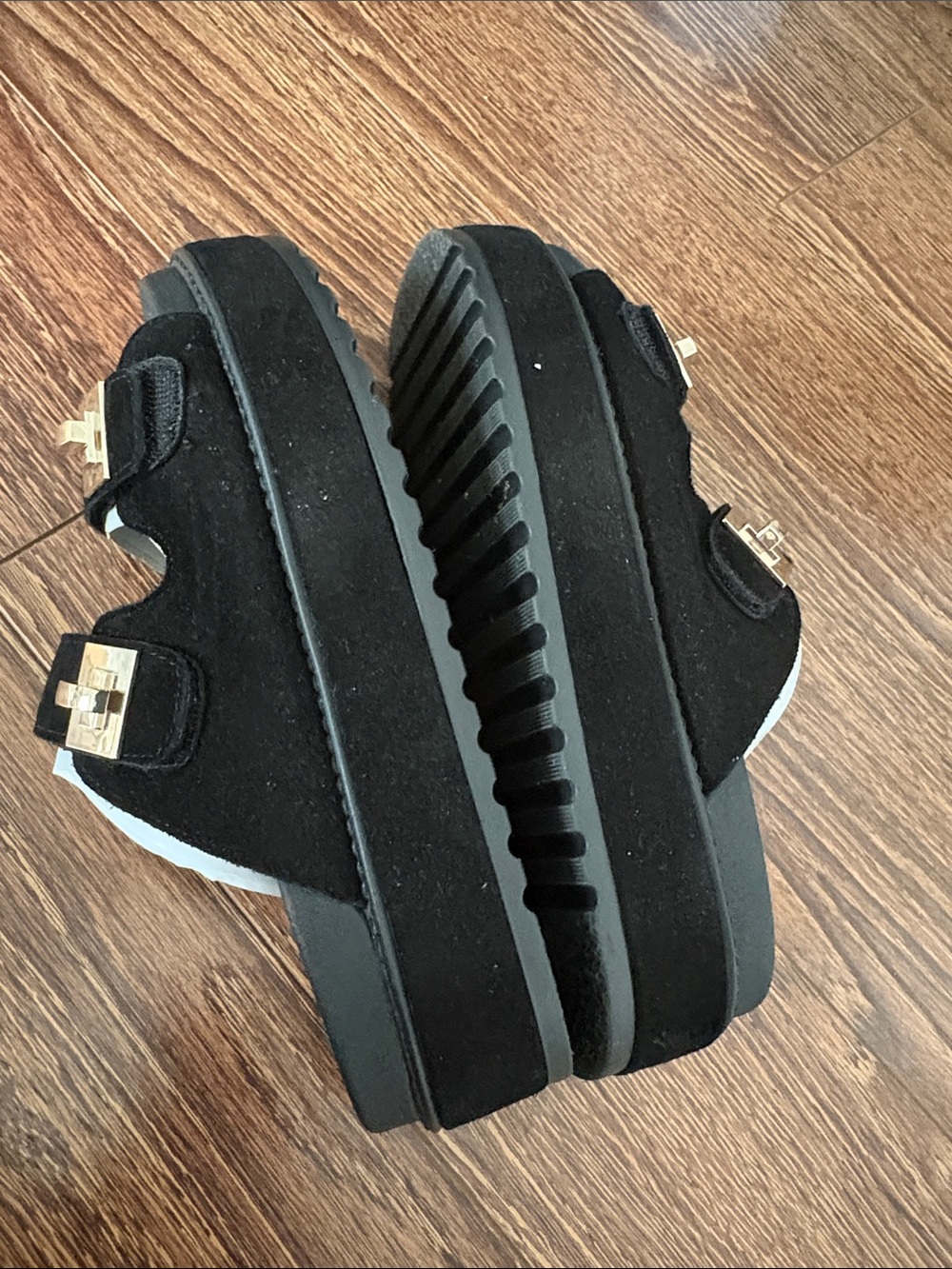 Steve Madden Black Suede Double Strap Slide Sandals with Gold Buckles - Picture 5 of 12